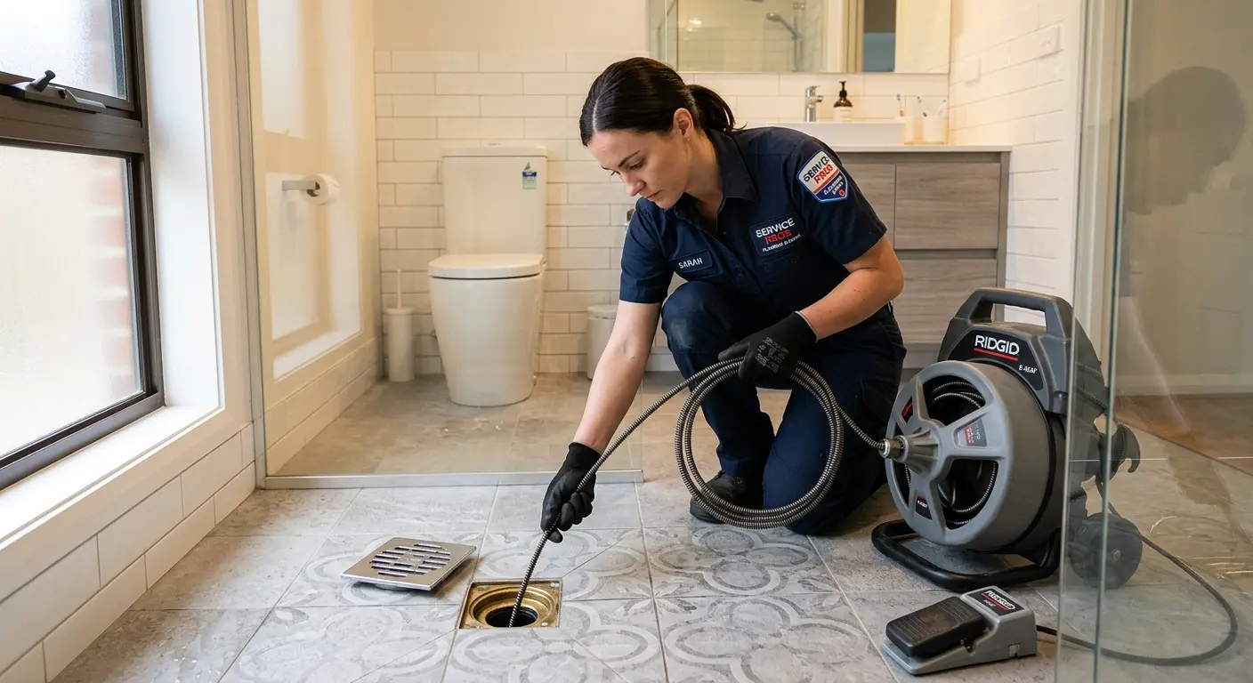 Technician clearing a bathroom floor drain for Drain Repair in New Freedom